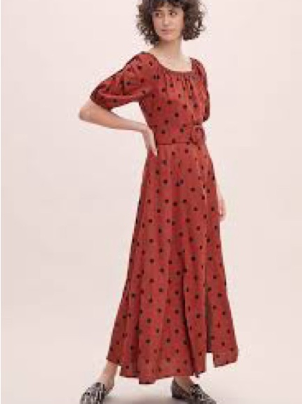 Maeve Anthropologie Rust Polka Dot Puff Sleeve Belted Maxi Dress Sz XS